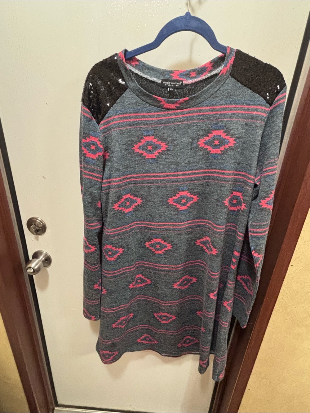 Simply Southern Charcoal Gray & Pink Aztec Long Sleeve Top with Sequin Shoulders